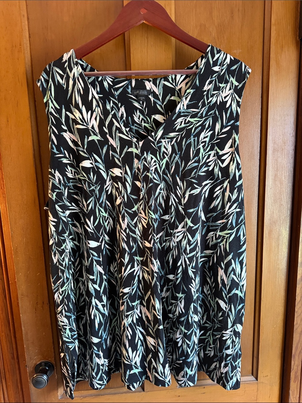 J. Jill Wearever CollectionBlack V-Neck Top with Cream and Pale Green Leaf Motif